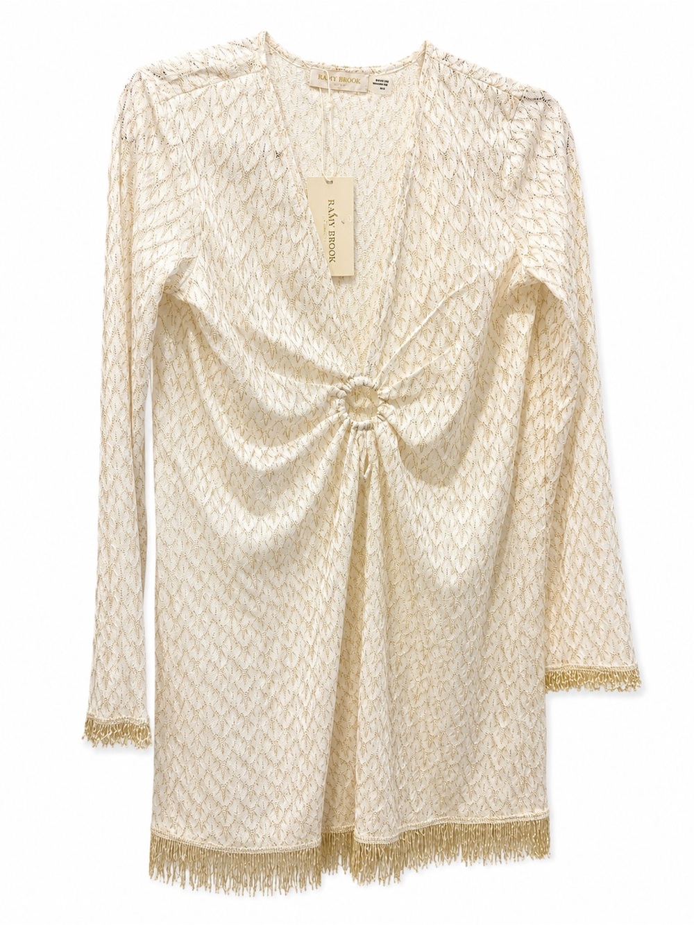 Ramy Brook Cassie Zig Zag Fringe Cover Up Dress White Gold Metallic Size M NWT - Picture 2 of 10